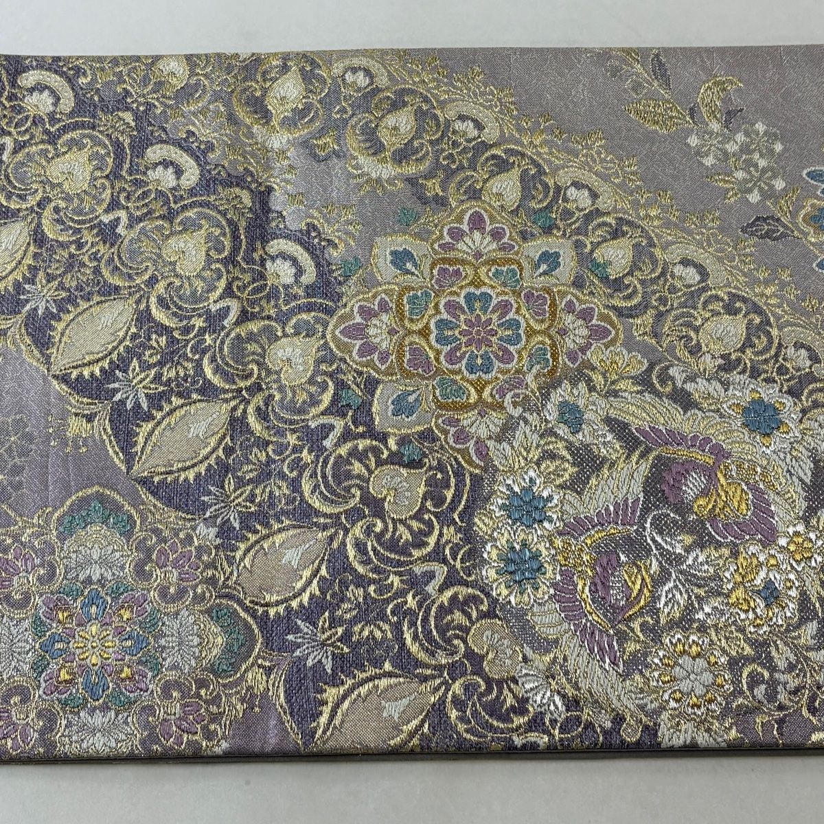 袋帯 美品 秀品 やまと 華文 花鳥 金糸 箔 薄紫 六通 正絹