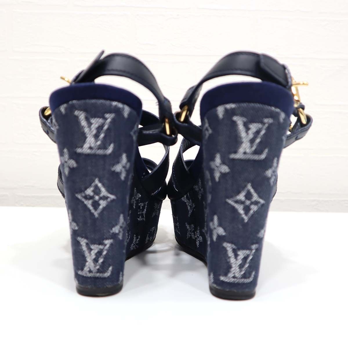 LV 靴 サンダル ウェッジソール ブルー デニム レザー 35 サイズ