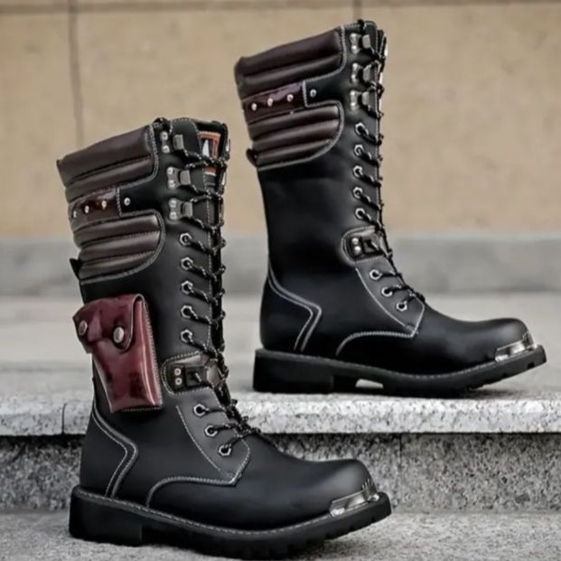 ブーツ バイクブーツ メンズ PU 厚底 バイク用品 バイクシューズ バックパッキングブーツ シューズ バックル レースアップ ハイコンバットブーツ おしゃれ 防水 ウエスタン バイクシューズ 冬 ウエスタンブーツ ミリタリー オートバイブーツ 黒