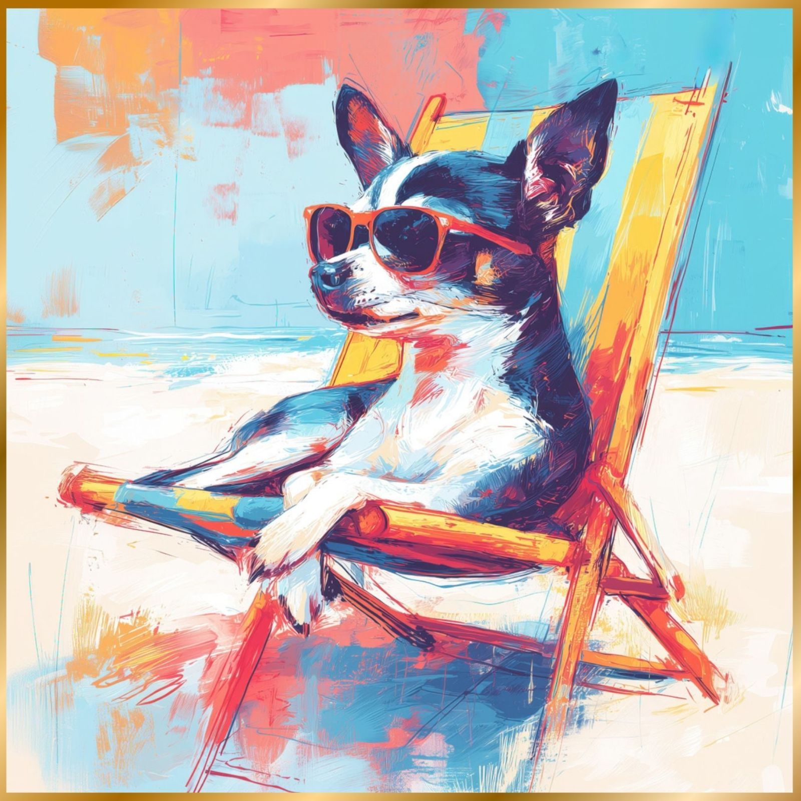 チワワ犬とビーチのスケッチ No.2 海 犬の絵 犬のイラスト おしゃれ ミニマリスト ミニマリズム シンプル インテリアアート ペットロス うちの子 記念日 アートポスター ギフト プレゼント