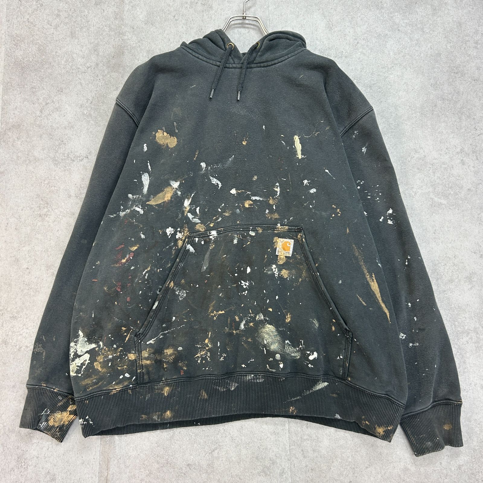 一点物　スプラッシュ　ペンキ　モード　ストリート　長袖　パーカー　Carhartt　古着　ブラック　黒　（ダークグレー寄り)　2XL
