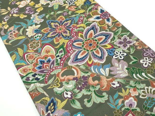 平和屋着物 上 西陣 白綾苑大庭 六通柄袋帯 唐織 草花文 金糸 媚茶色地 CZAA3902s5