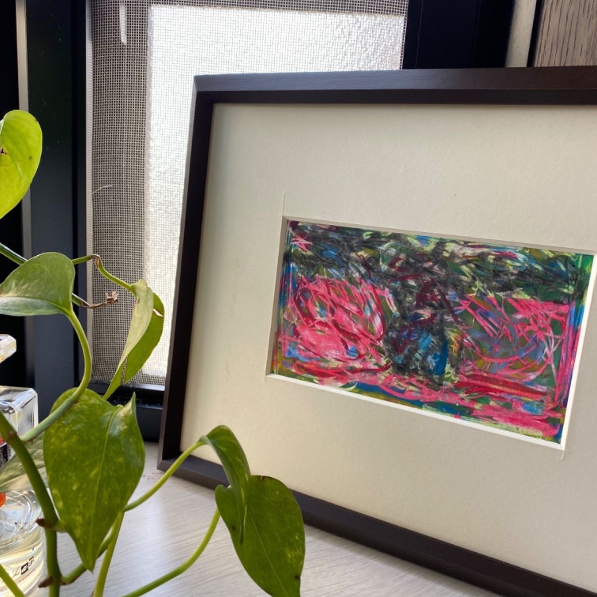 絵画 抽象画 クレヨン画 原画 額(桜)付き 美品 装飾品