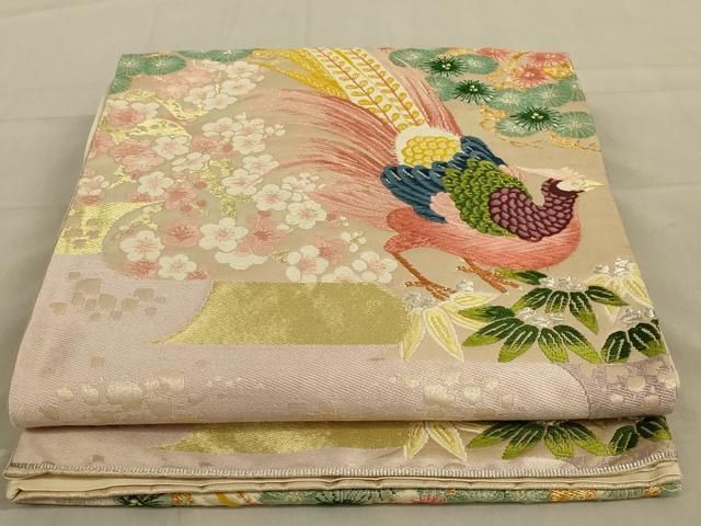 夏帯 青々庵 袋帯 六通柄 正絹 唐織 花文 朝顔 イ5758 平和屋着物◎六通柄 本袋帯 唐織 更紗花文 黒地 金銀糸 正絹