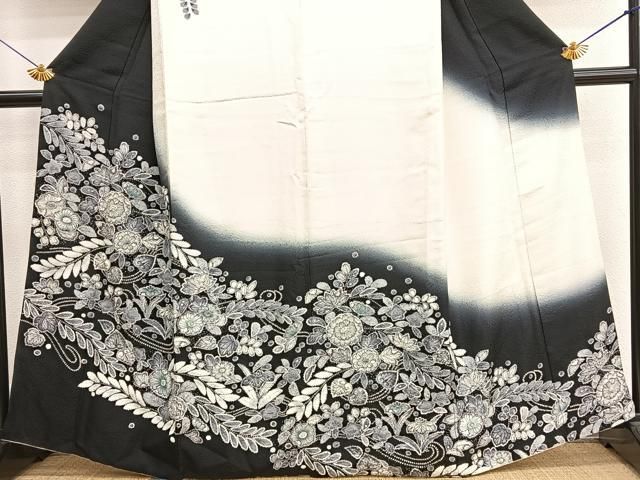 平和屋着物●訪問着　辻が花　絞り　暈し染め　黒地　正絹　逸品　AABD4734ph 平和屋着物○訪問着 辻が花 絞り 暈し染め 黒地 銀彩 正絹 逸品