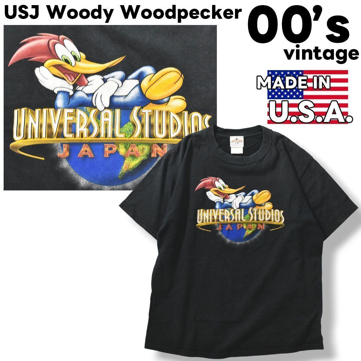 希少】 00sヴィンテージ USA製 USJ ユニバーサルスタジオ ジャパン ウッディー・ウッドペッカー プリント Tシャツ M ブラック メンズ -  メルカリ