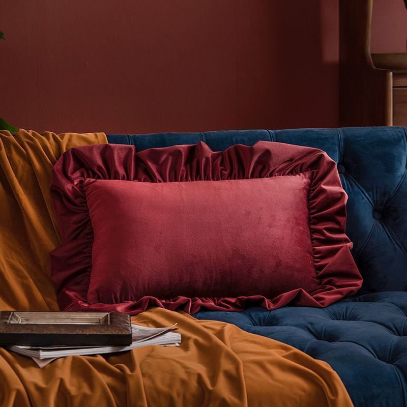 ピローケース 枕カバー 寝具 ローズレッド  薔薇 赤 フリル レトロ 軽量 ポリエステル クッション 植物 花 無地 シンプル 30×50 おしゃれ 高級 長方形 リネン ベッド ソファ