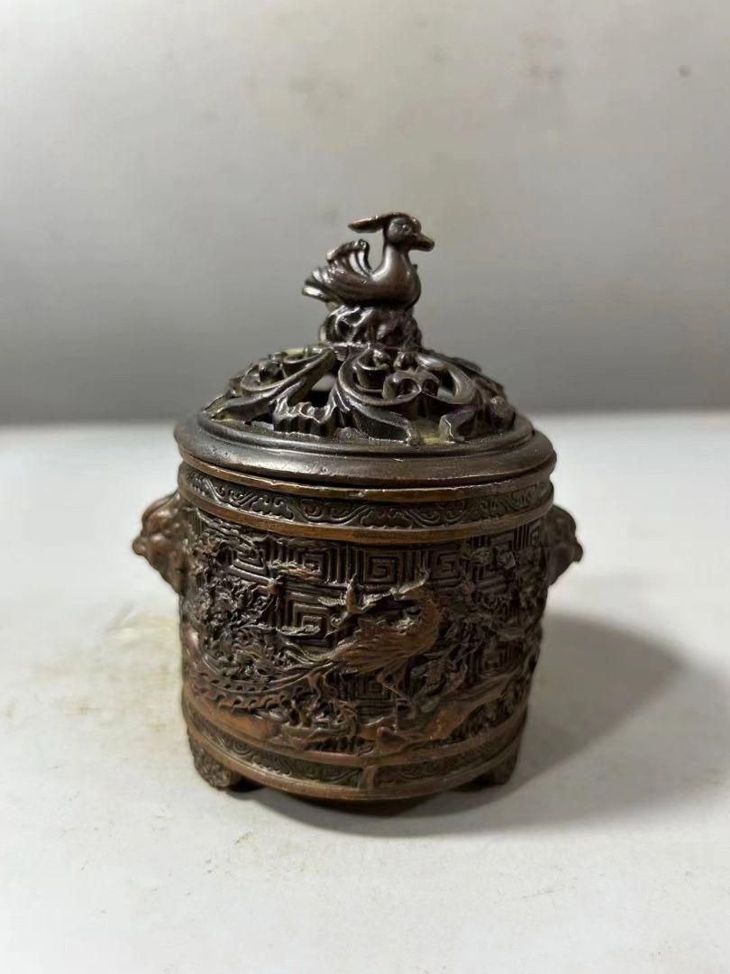 銅器 香炉浮彫り透かし彫り百鳥朝鳳天?瑞獣耳薫香炉 香道具 装飾