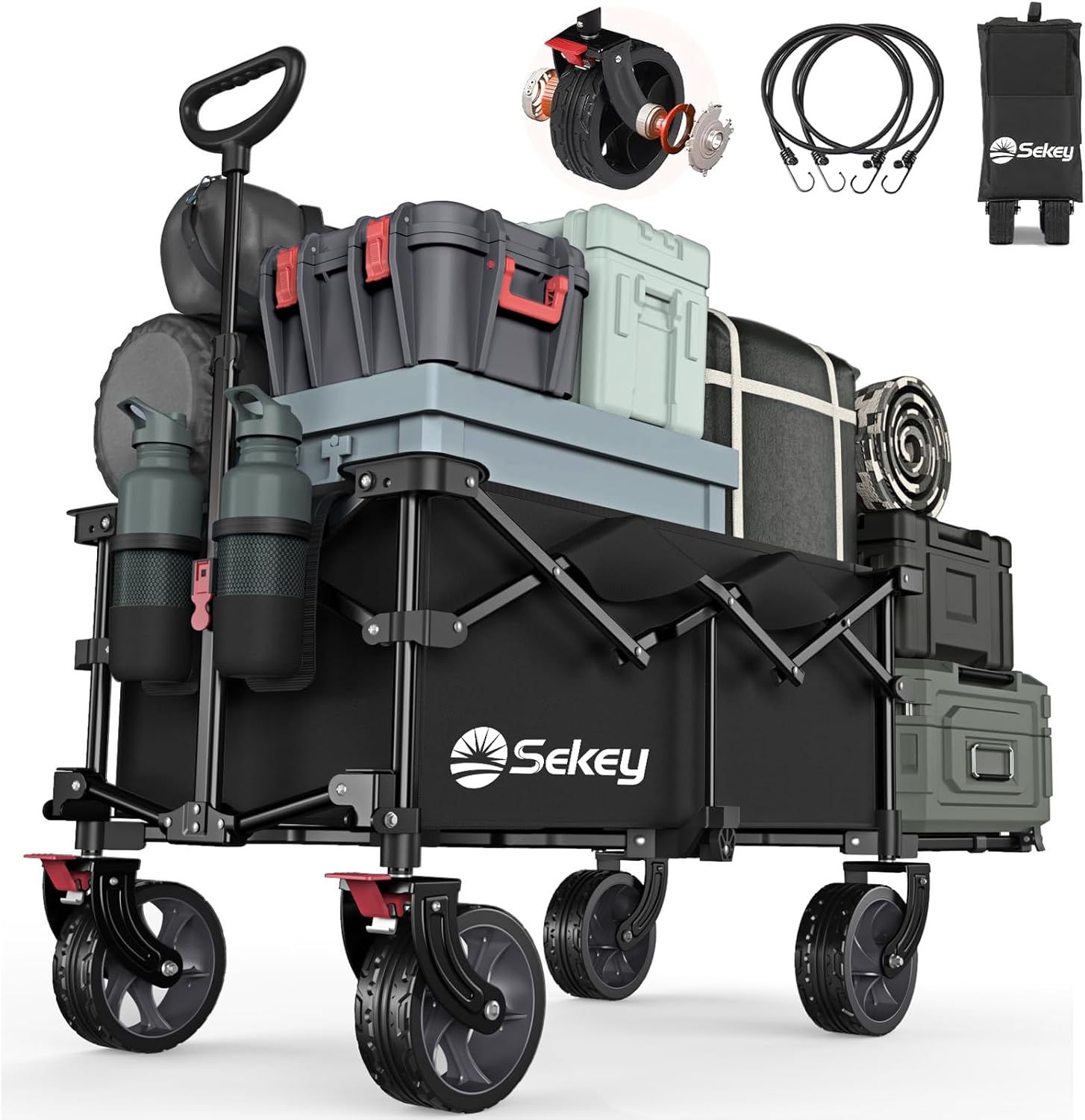 Sekey 後ろ開け 長物対応 大容量185L 耐荷重150kg 収納サイズが類似品で最小級 ベアリング搭載の大型ノーパンクタイヤ ブレーキ付き アウトドアワゴン 軽量 キャリーワゴン ワンタッチ収束型 自立収納 静音 キャンプ 花見 釣り 運動会
