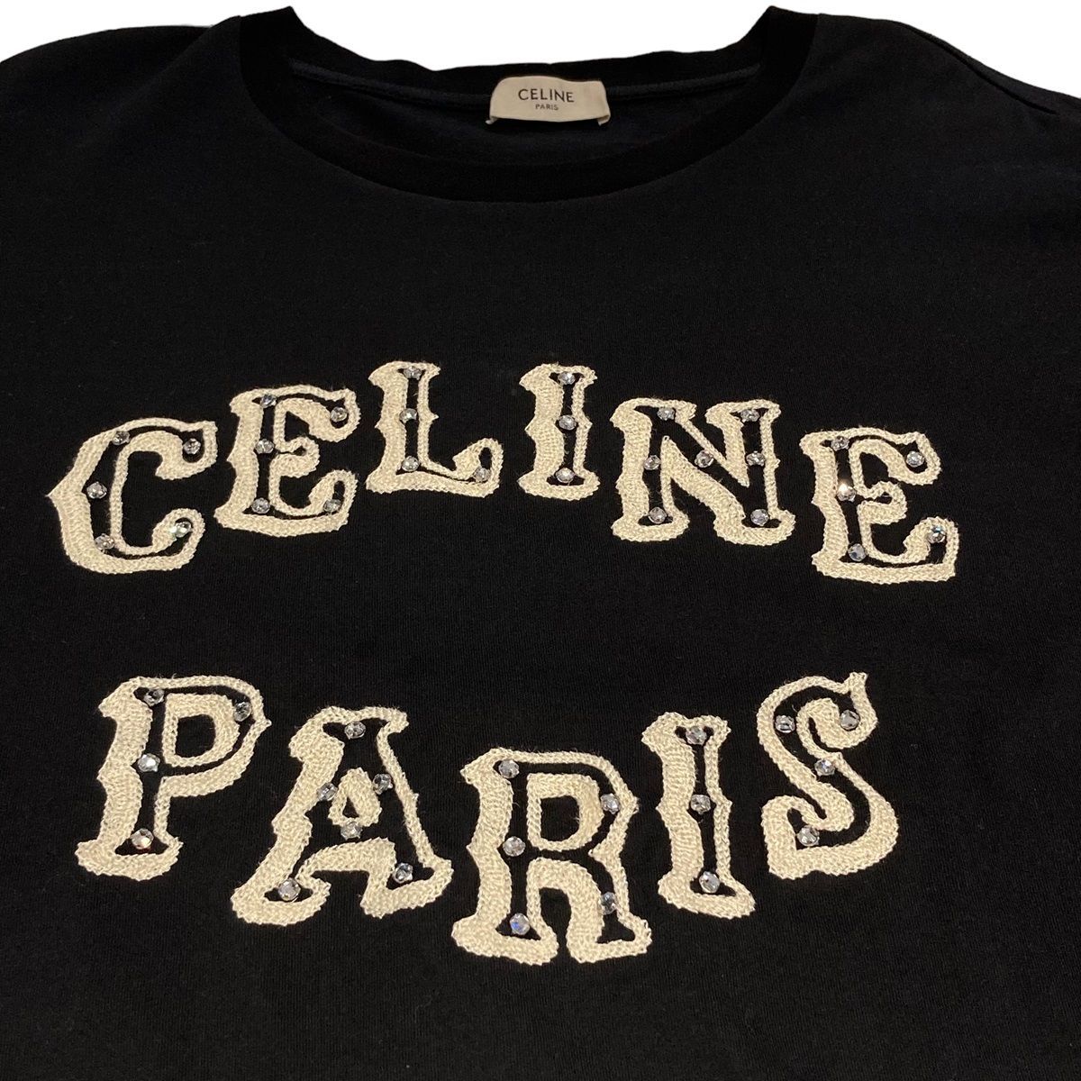 中古】 CELINE セリーヌ ラインストーン付 ロゴTシャツ 黒 2X24J671Q 