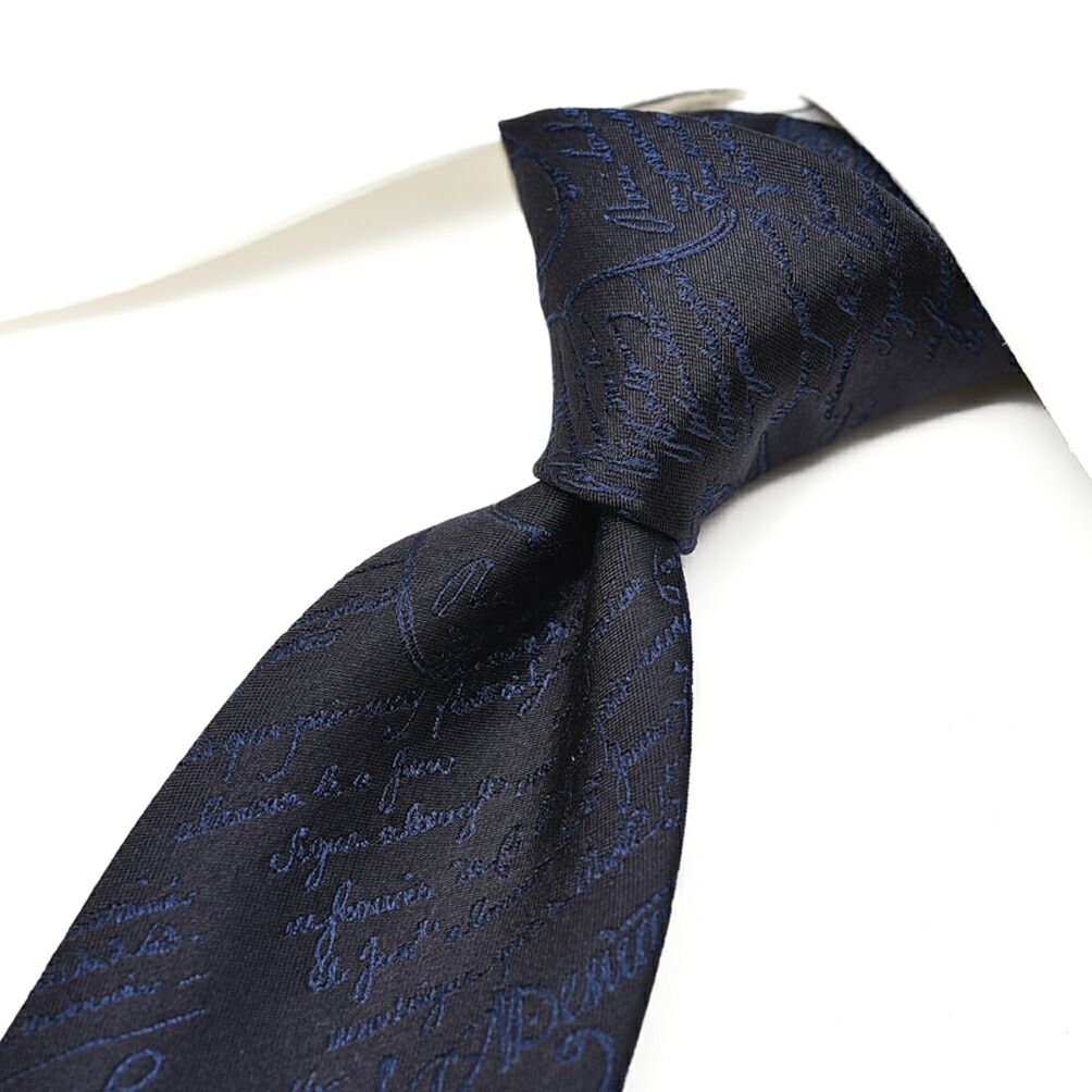 Berluti シルクスクリットタイ ネクタイ ナロータイ メンズ オールシーズン カリグラフィー 総柄 シルク 100% ネイビー 409446