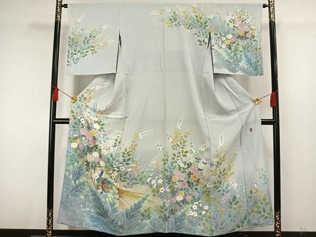平和屋着物▽訪問着　単衣　友禅　作家物　孔雀草花文　正絹　逸品　AAAW7733fy 平和屋着物▽訪問着 単衣 友禅 作家物 孔雀草花文 正絹 逸品
