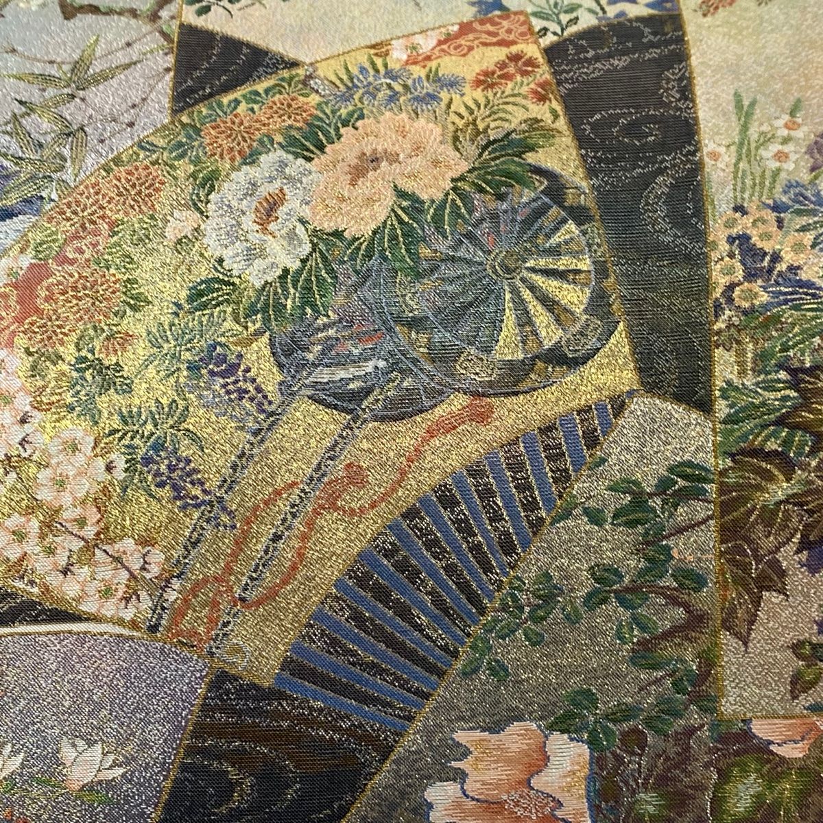 丸帯 日本絵画全集 箔 灰緑 全通 正絹