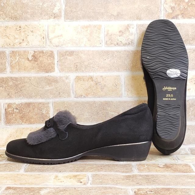 銀座ヨシノヤ ☆ スエードレザー ファー リボン パンプス 23.5 日本製