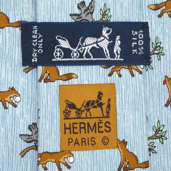 エルメス HERMES ネクタイ トリとキツネ 9cm シルク ライトブルー