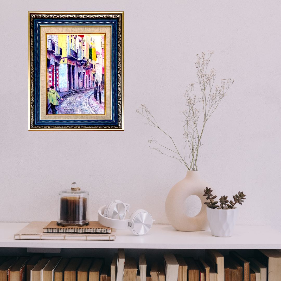 風景画/街の風景「ジローナ街歩き」油彩画/F4/額付き 福家佳則作品/