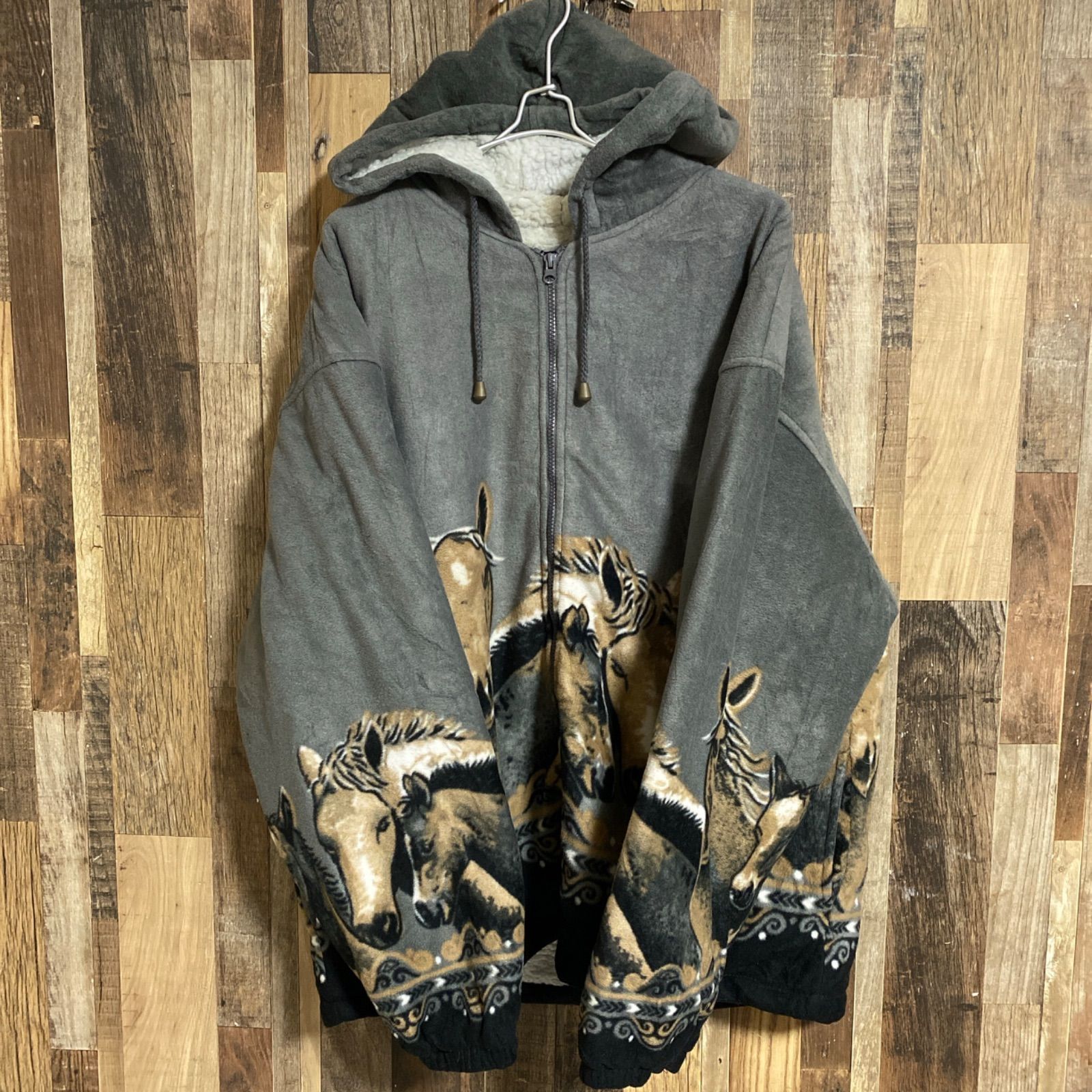 アニマル 馬柄 フリース ジャケット ジップアップ 総柄 90s アウター ビックシルエット メンズ 古着 2XL