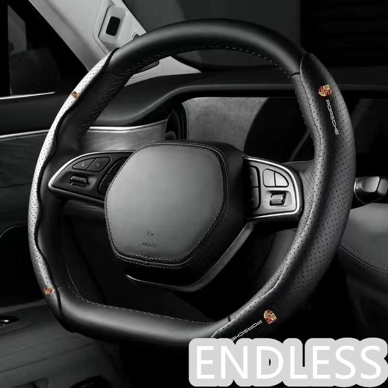 【新品未使用】ポルシェ PORSCHE ブラック ハンドルカバー ハンドル保護 専車ロゴ ステアリングカバー レザー 滑り止め D