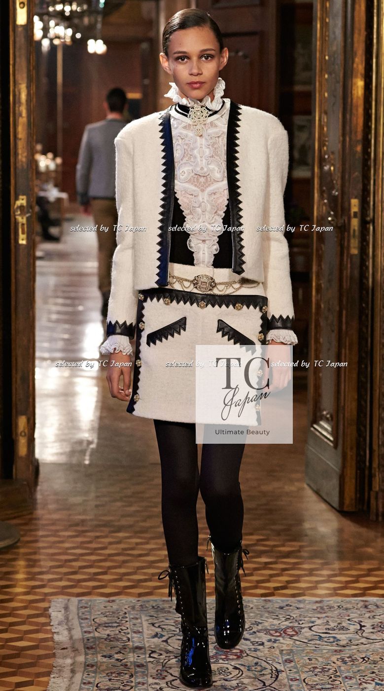 シャネル スカート CHANEL アイボリー ウール モヘア レザートリム  