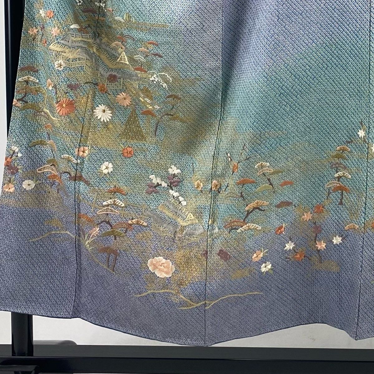 訪問着 身丈153cm 裄丈62cm S 袷 家屋 松 刺繍 刺繍 青灰色 正絹