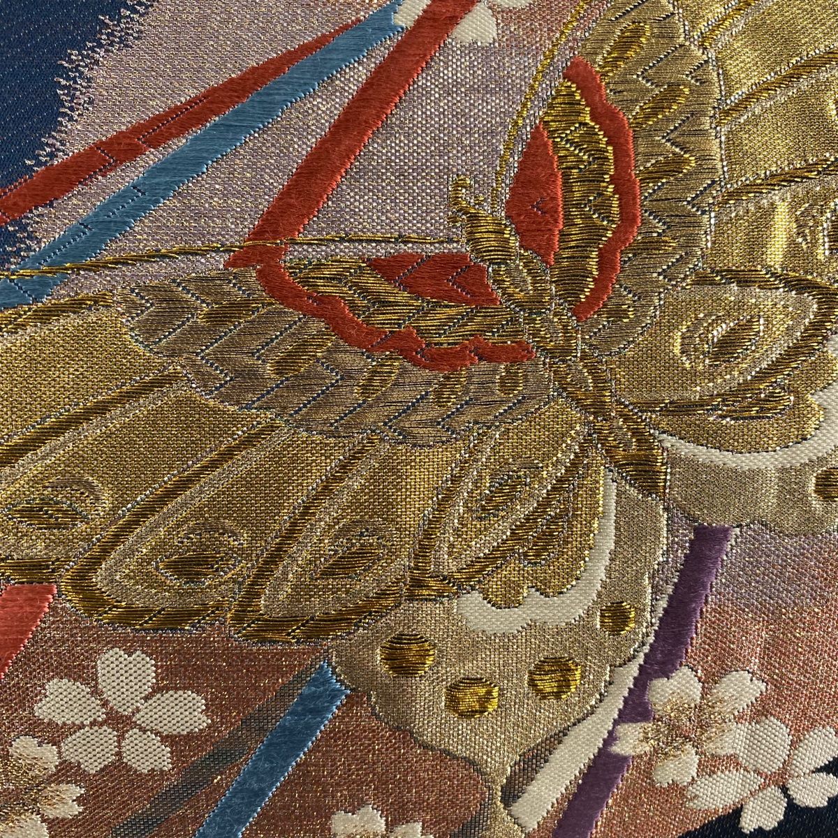 七色 キラキラ 玉虫色 袋帯 蝶々 金糸 銀糸 正絹 六通