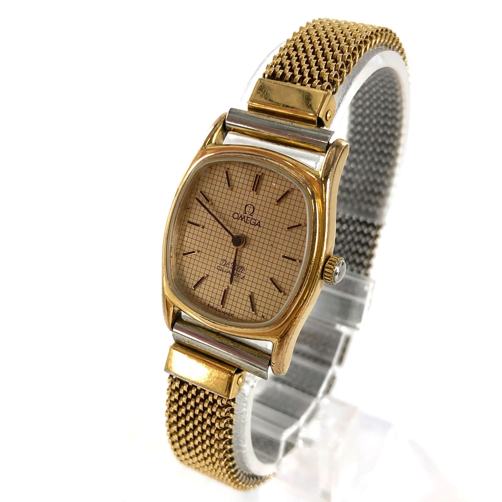 稼働品】OMEGA DeVille クォーツ ゴールド文字盤レディース腕時計