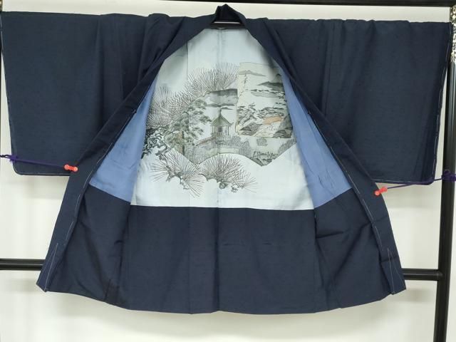 平和屋着物 男性 紬 アンサンブル 長羽織 濃藍色 キングサイズ 正絹 ud