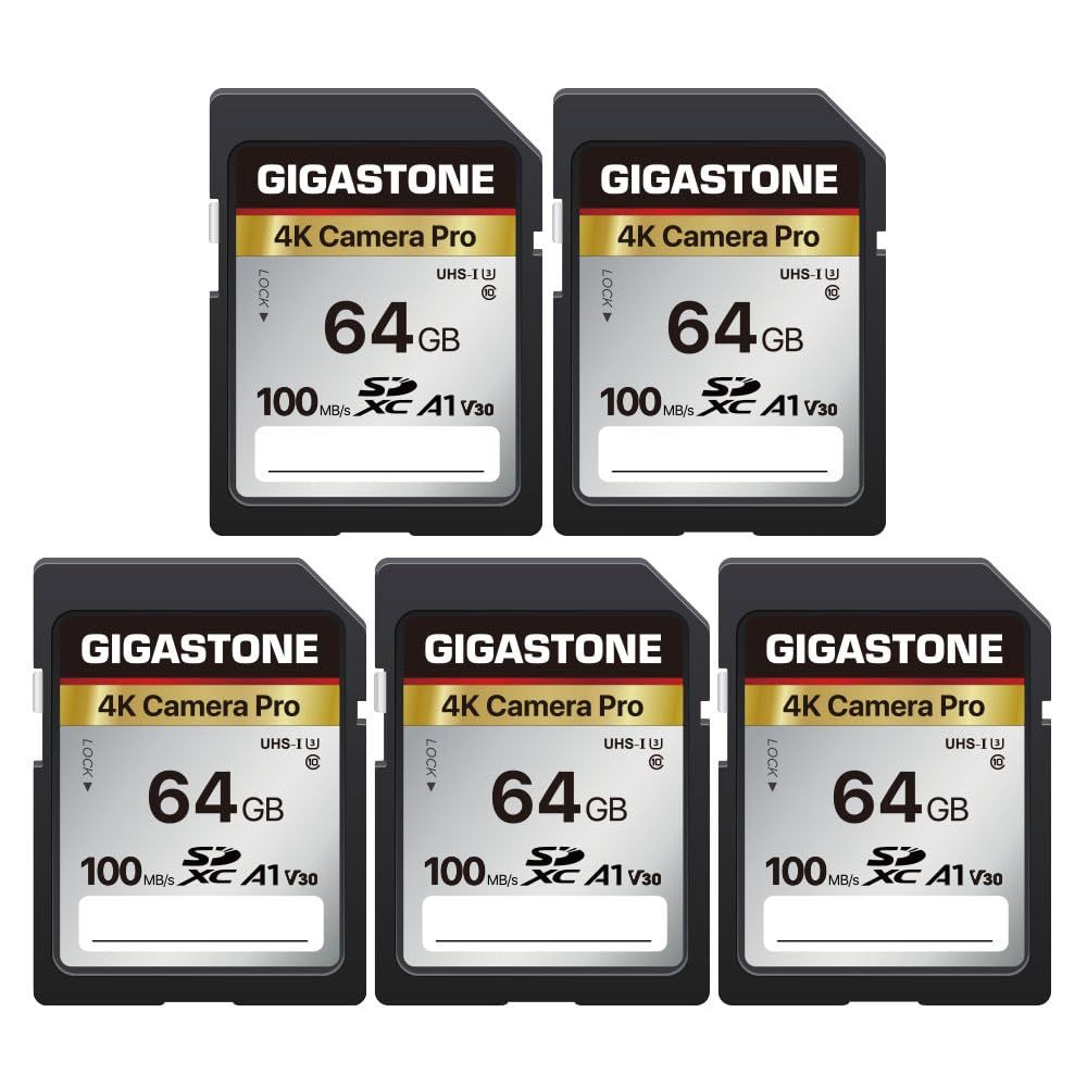 Gigastone SDカード 64GB 5枚セット メモリーカード A1 V30 U3 Class 10 SDXC 高速 4K UHD - Full HD ビデオ Canon Nikon など デジタルカメラ 一眼レフ対応 ミニケース5個付