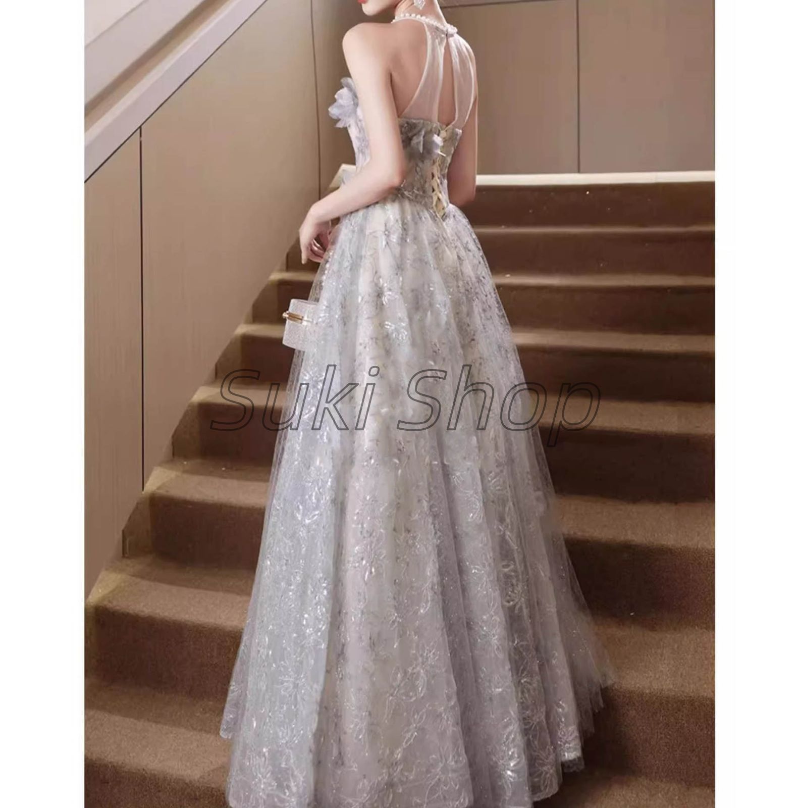 ♥ 2025 カラードレス ロング カラードレス 二次会 パーティードレス 編み上げ 花嫁 ウェディングドレス ウエディング 結婚式 演奏会 ホルダーネック ビジュー きらきら Aライン