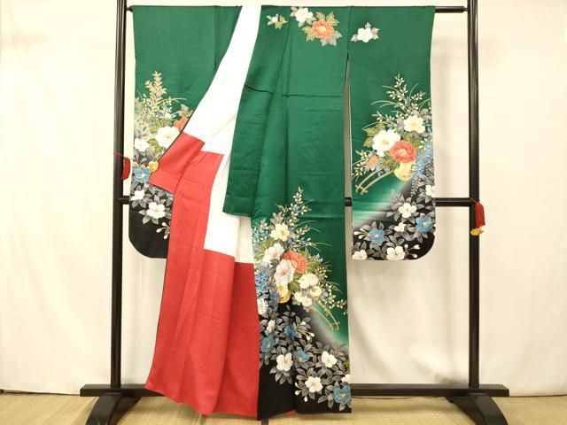 豪華振袖　駒刺繍　流水舞鳥文　暈し染め　金彩　着丈168cm　正絹　逸品 平和屋着物▽豪華振袖 駒刺繍 舞蝶文 暈し染め 金彩 正絹 逸品