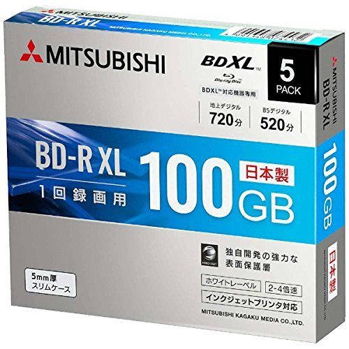 三菱化学メディア 録画用BD-R XL 2-4倍速 100GB 5枚 スリムケース インクジェットプリンタ対応 VBR520YP5D2