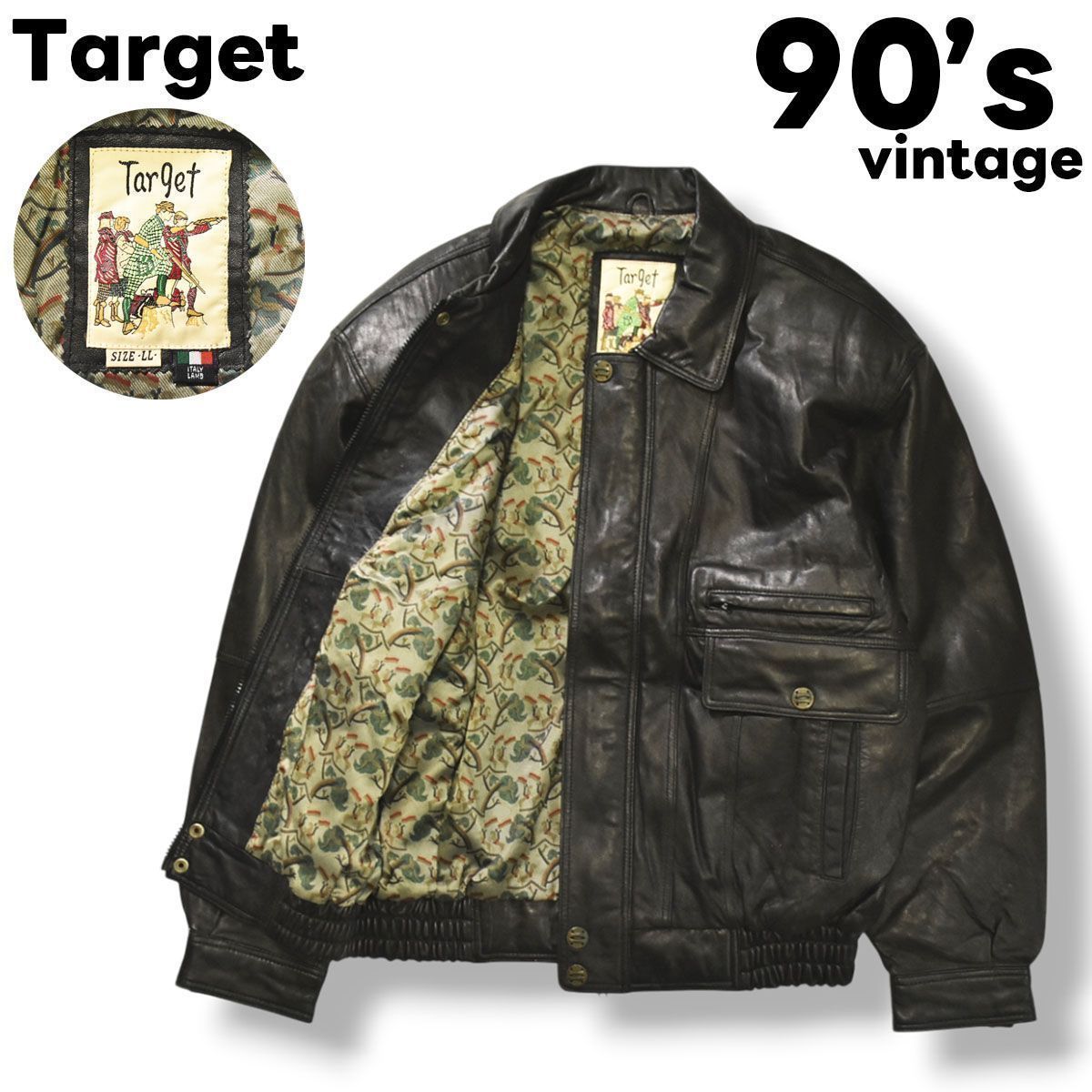 【上質】 90sヴィンテージ イタリア製ラムレザー使用 Target ターゲット シープスキン A-2 フライトジャケット ボンバージャケット ブルゾン ライダースジャケット LL ブラック メンズ
