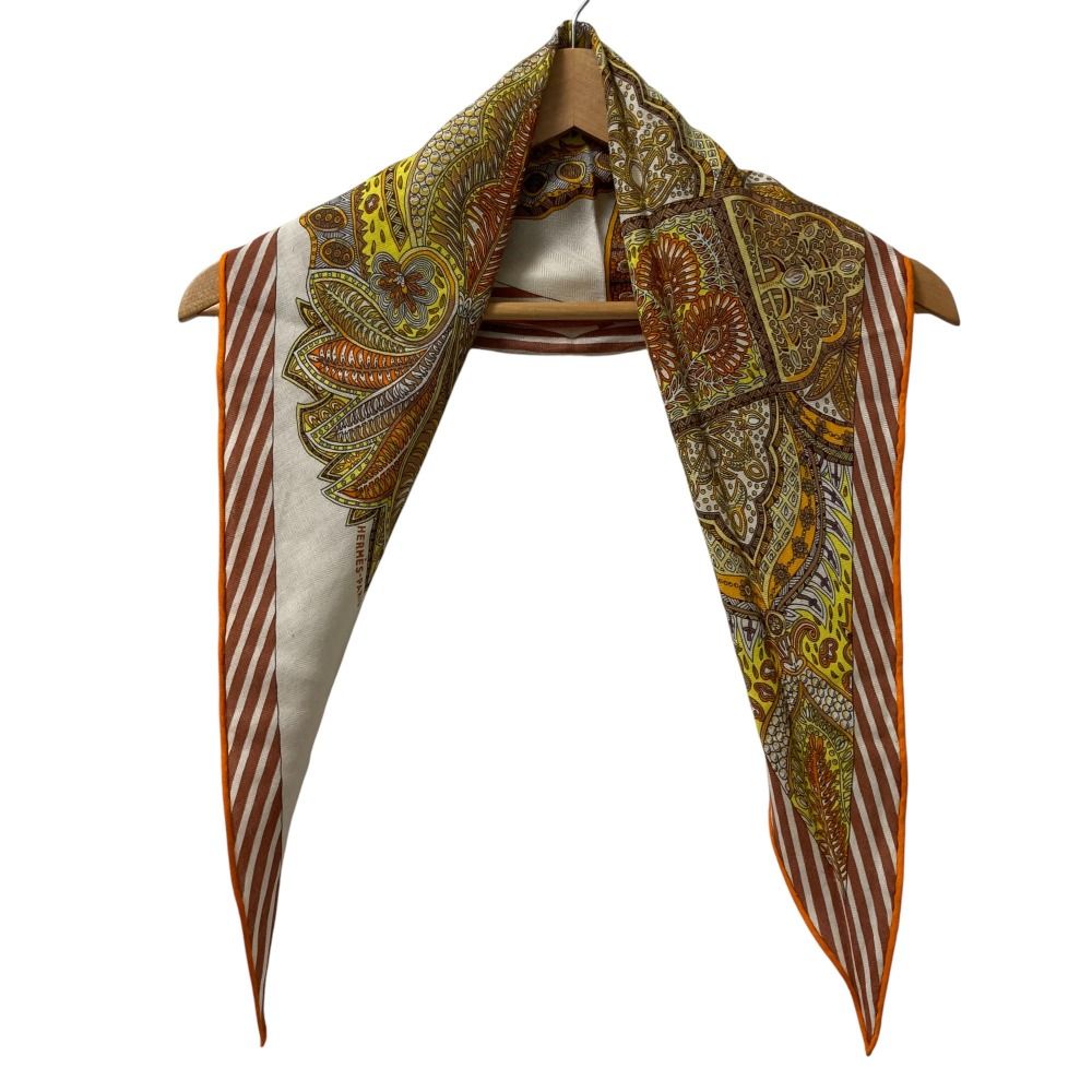HERMES エルメス ロザンジュ ペイズリー カシミヤ シルク 菱形スカーフ オレンジ×ブラウン レディース 古着
