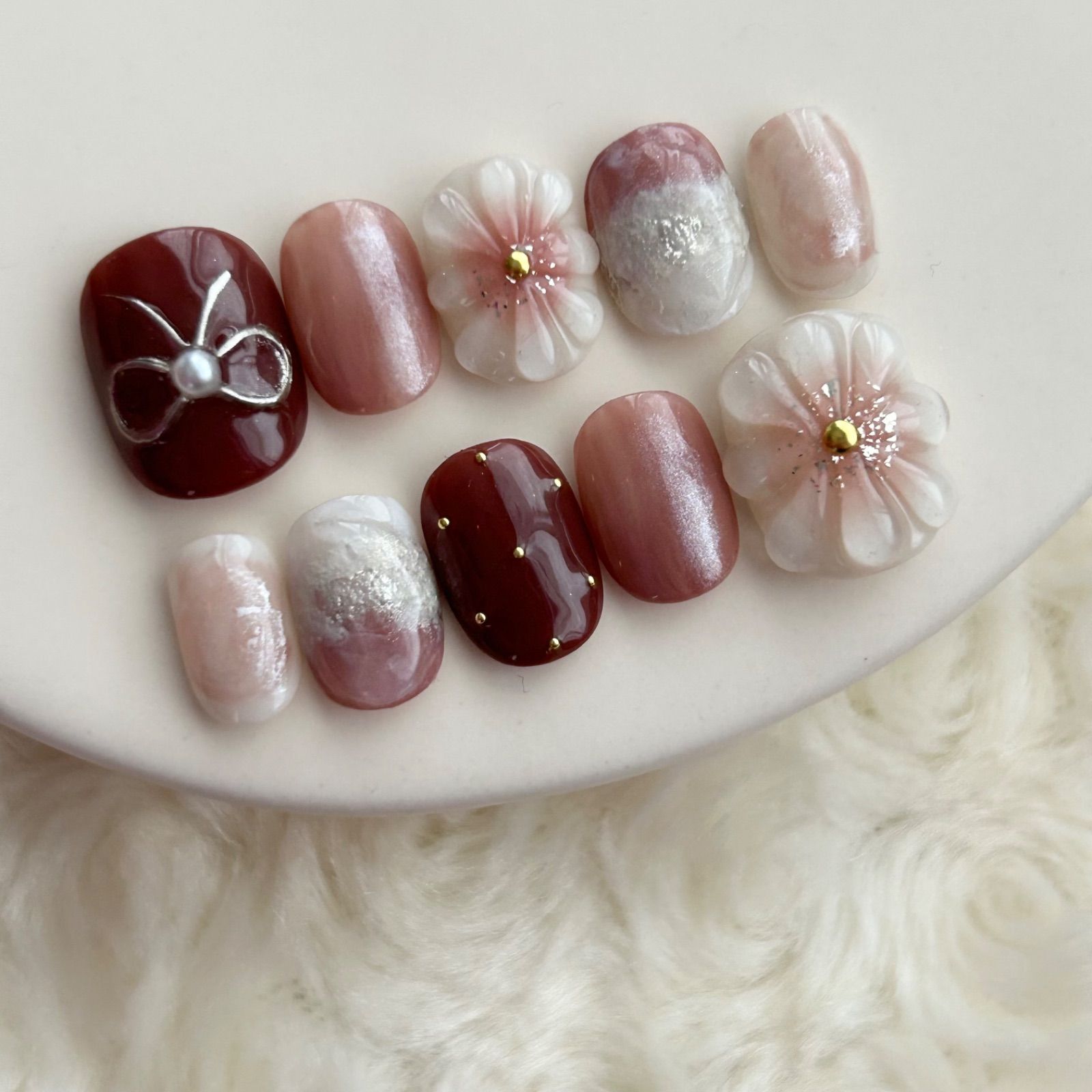 ネイルチップニュアンスマグネットぷっくりチューリップミラーリボン984