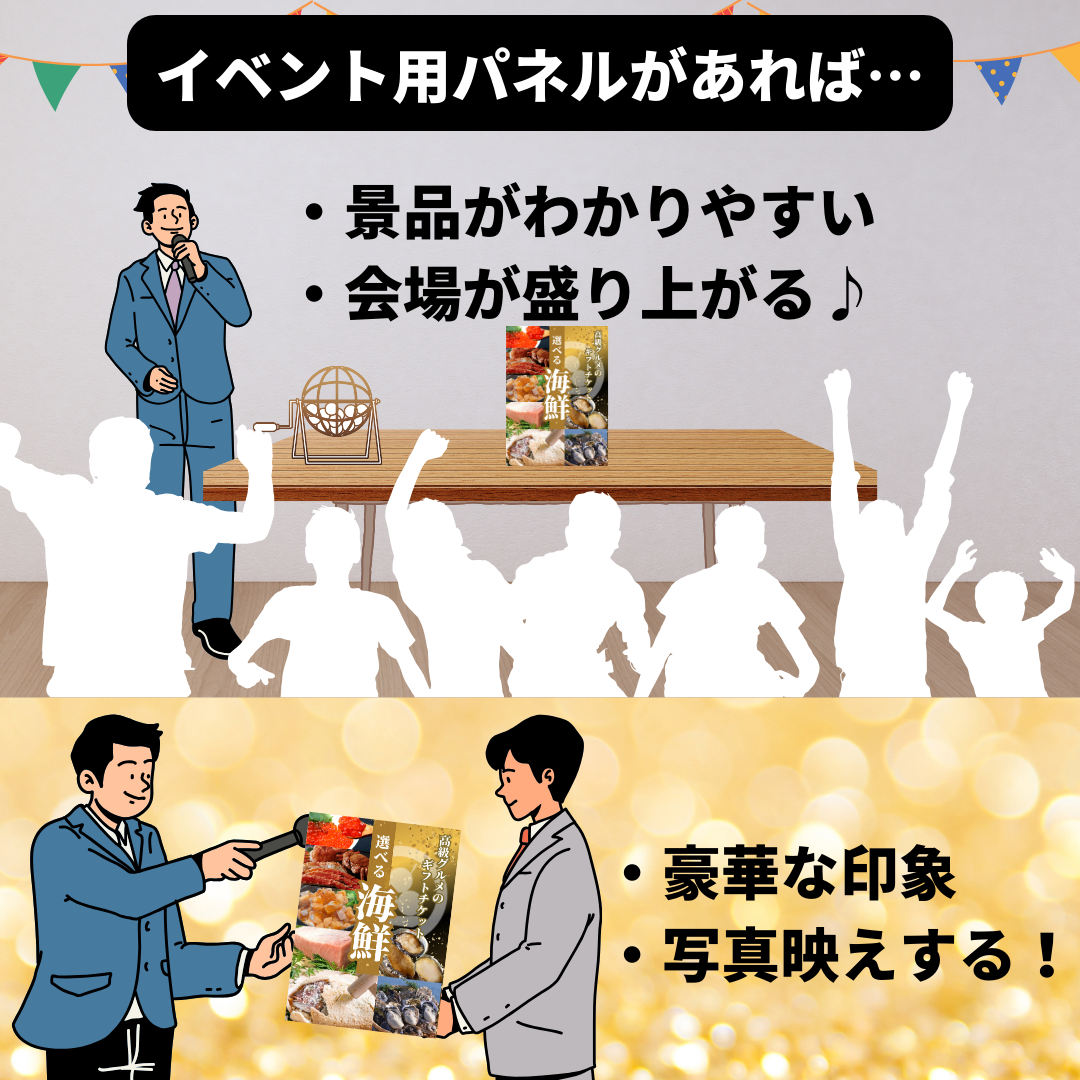 【A4/A3パネル付きイベント景品】海鮮15000円分交換チケット[菫(sumire)コース] 忘年会や二次会、ビンゴ大会、ゴルフコンペの賞品に！5種から選べるグルメカタログギフト式
