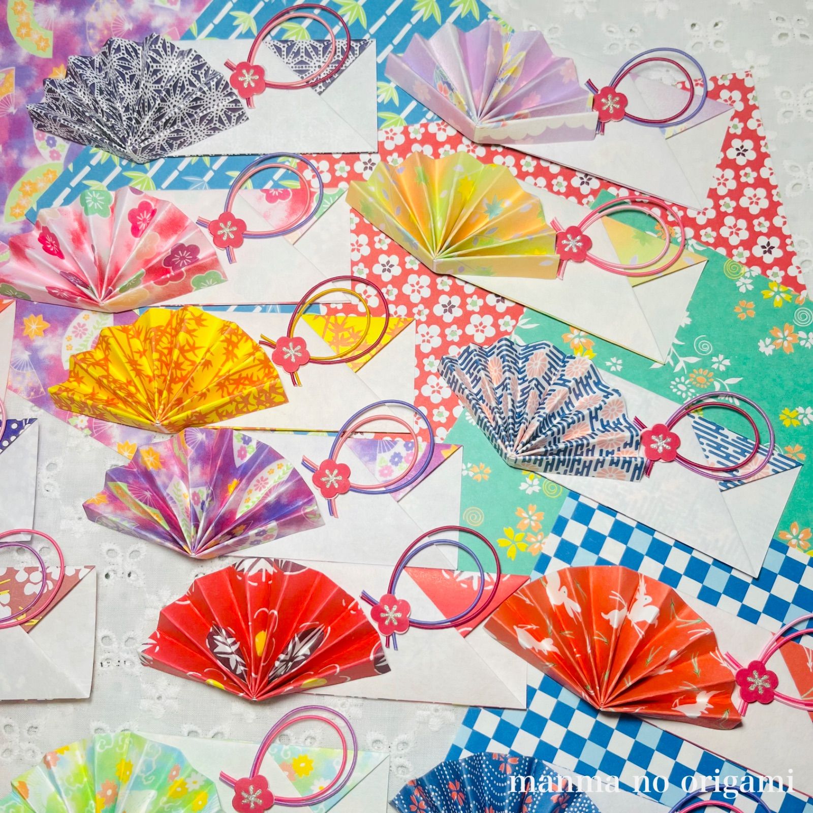 和紙千代紙 扇の箸袋 30枚 水引梅飾り 裏地見せ折り 伝統和柄／箸入れ