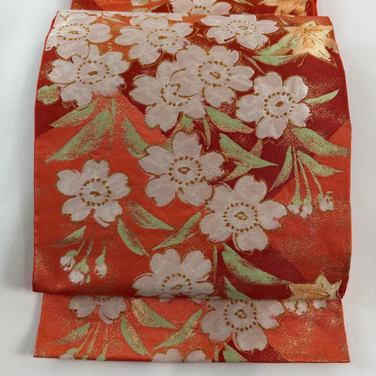 袋帯 美品 秀品 川島織物 落款 桜 楓 金糸 箔 朱色 六通 正絹 【