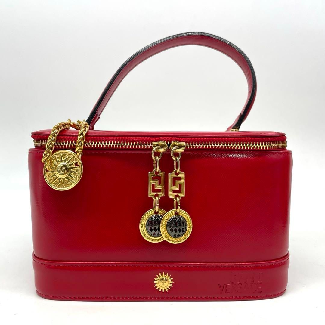 GIANNI VERSACE ジャンニヴェルサーチ バニティバッグ ポーチ サンバースト チャーム レザー レッド