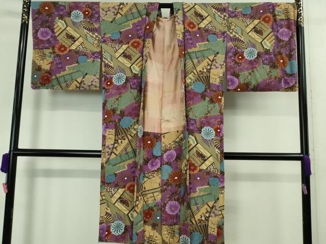 平和屋着物 上 長羽織 扇面 枝菊紋 鬼しぼ縮緬 ♥ DZAA9448kh5