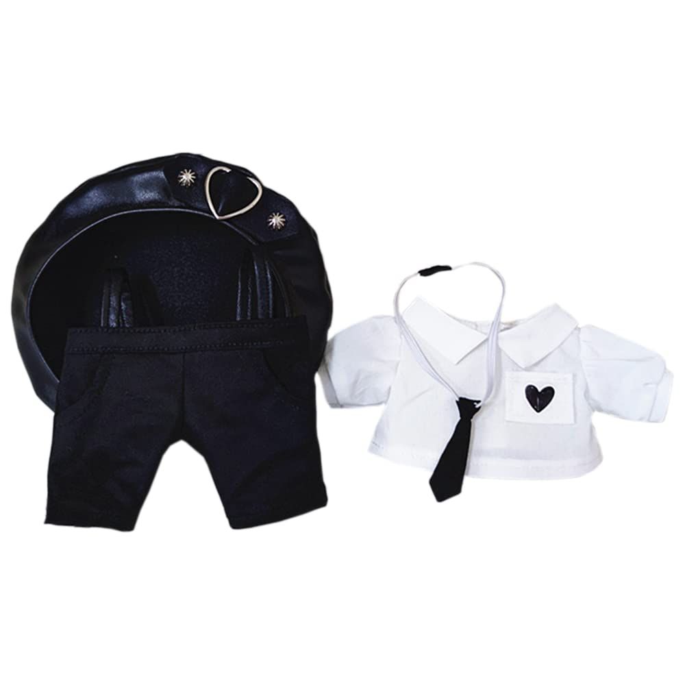 【迅速発送】niannyyhouse 20cm人形の服 ぬいぐるみ 用 帽子+ネクタイ+ワイシャツ+吊りズボン 4点セット 弾性 クールな黒のパンクスーツ 綿人形の服 着せ替え 人形ベビー服