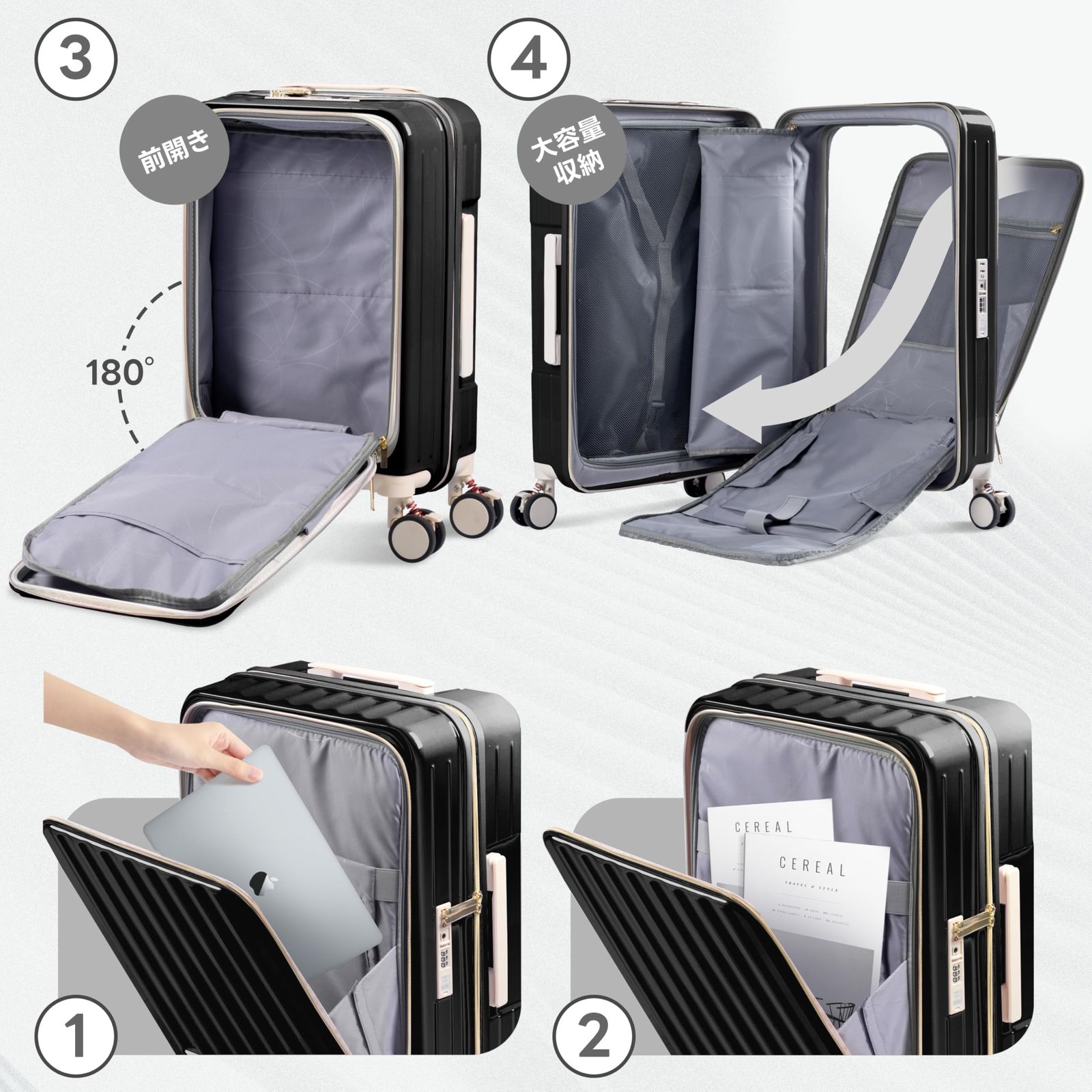 ＪＯＬＩＳＴＡＲ スーツケース キャリーケース キャリーバッグ 前開き フロントオープン 光沢感 機内持込 ABS PC 耐衝撃 大容量 大型 超軽量 静音 USBポート カップホルダー 荷物フック ダブルキャスター ストッパー付き 360度回転 ブレーキ