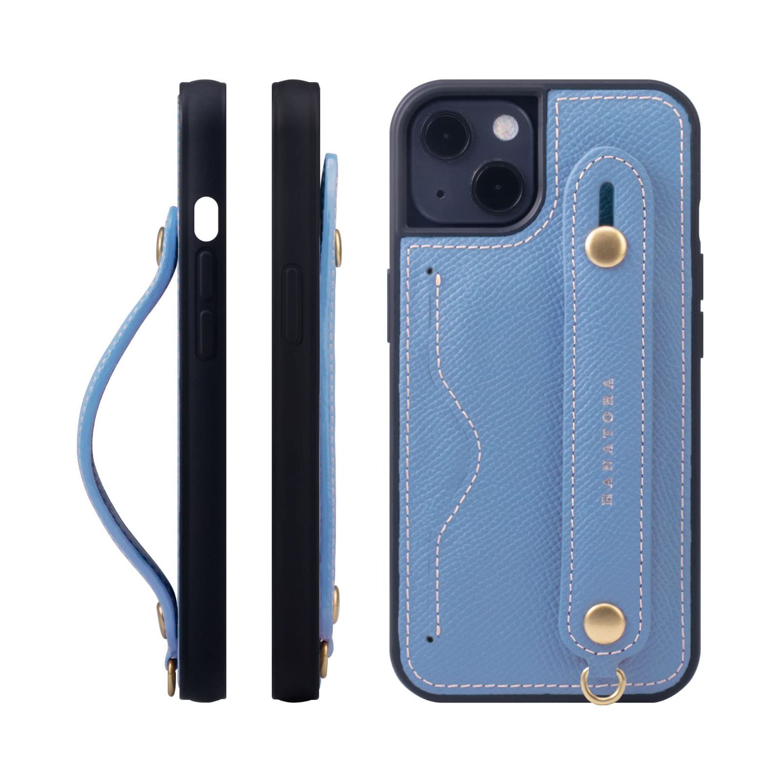 新品 HANATORA iPhone14 ケース 本革 耐衝撃 背面ベルト カードポケット スマホケース スマホ スタンド機能 ネック ストラップ 付き エンボスレザー ギフト マグネットなし ブルー イドラ NCGH-14-Blu