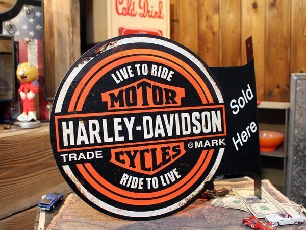 【HARLEY DAVIDSON ラウンド フランジ サイン 看板 】メタル ブリキ 垂直 壁面 店舗 ハーレーダビッドソン