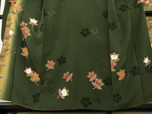 445 振袖フルセット 正絹 クリーム 橙 黒 金彩 駒刺繍 豪華 レトロ 古典 最高級古典柄振袖 千總/最高級金彩刺繍手描京友禅 黒/金 几帳柄/鳳凰柄