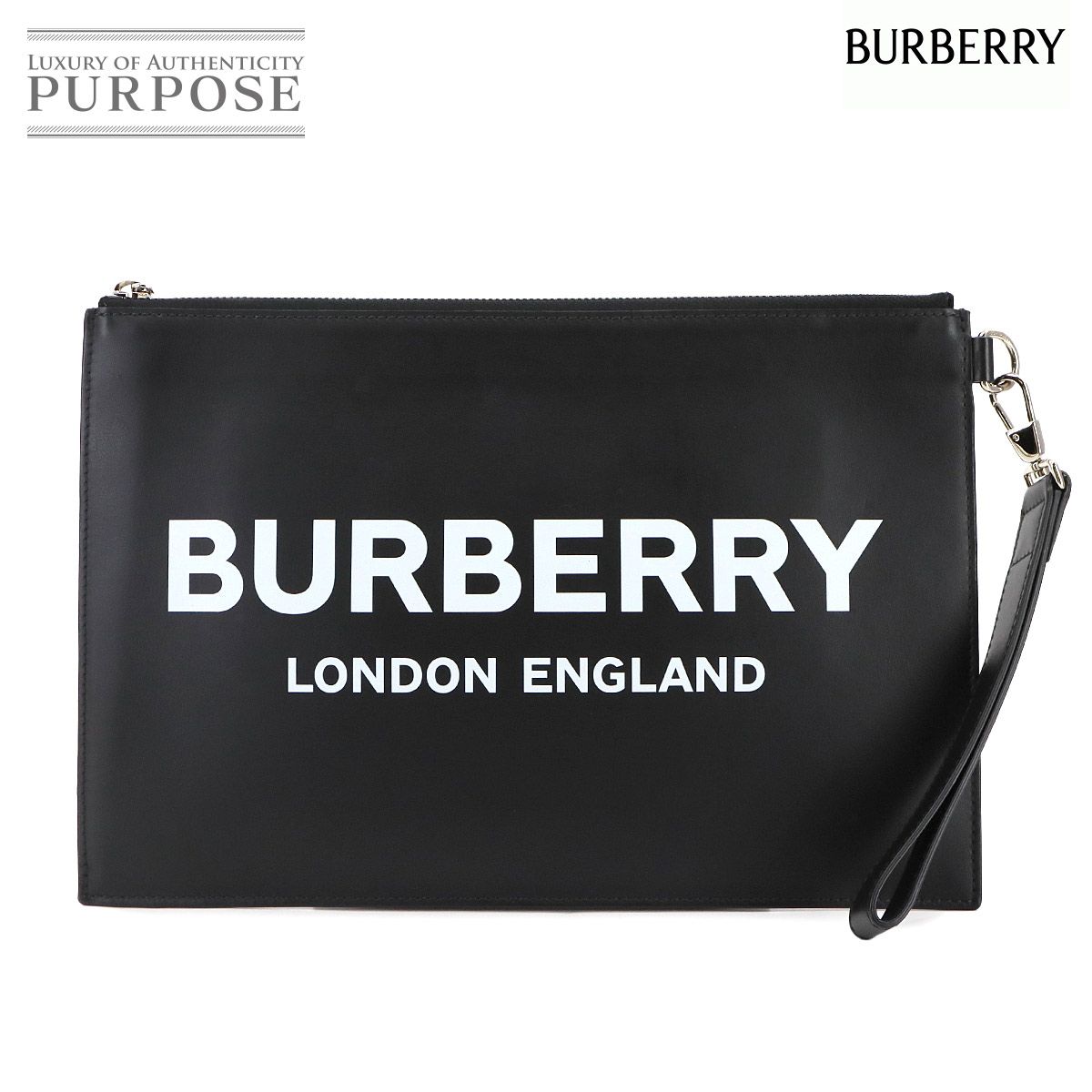 バーバリー BURBERRY ロゴプリント クラッチ バッグ レザー ブラック 8009214 シルバー 金具 Clutch Bag 90297683