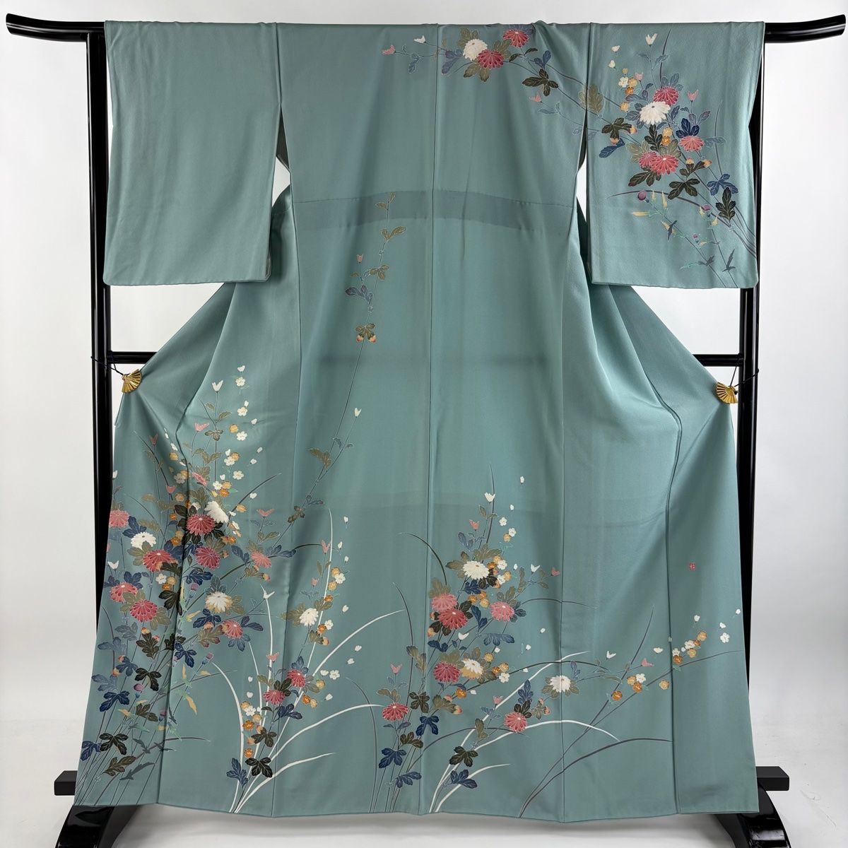 訪問着 身丈165cm 裄丈66cm M 袷 落款 菊 薄緑 正絹 秀品