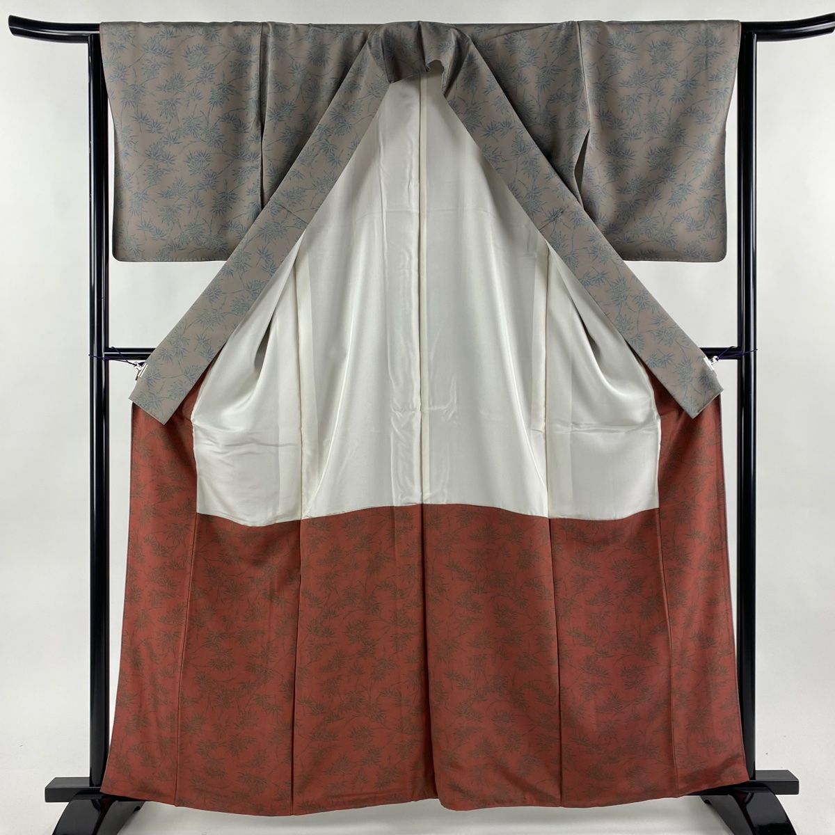 小紋 身丈161.5cm 裄丈63.5cm S 袷 名古屋帯セット 花唐草 草花 青灰色 正絹 美品 秀品 【中古】 【爆買い，送料無料】