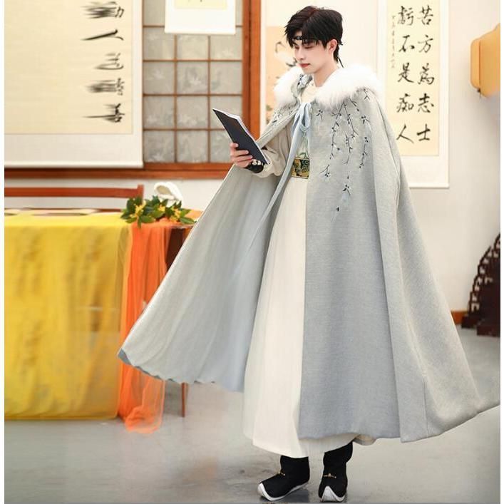 裏起毛メンズマント漢服 ロング丈羽織 唐装 漢服 冬マント ケープ 竹刺繍中華服 厚手 ファー付き襟 チャイナ服 コスプレ衣装 刺