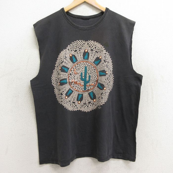 XL/古着 ビンテージ ノースリーブ Tシャツ メンズ 90s サボテン オオカミ クルーネック 黒 ブラック 24jun15 中古