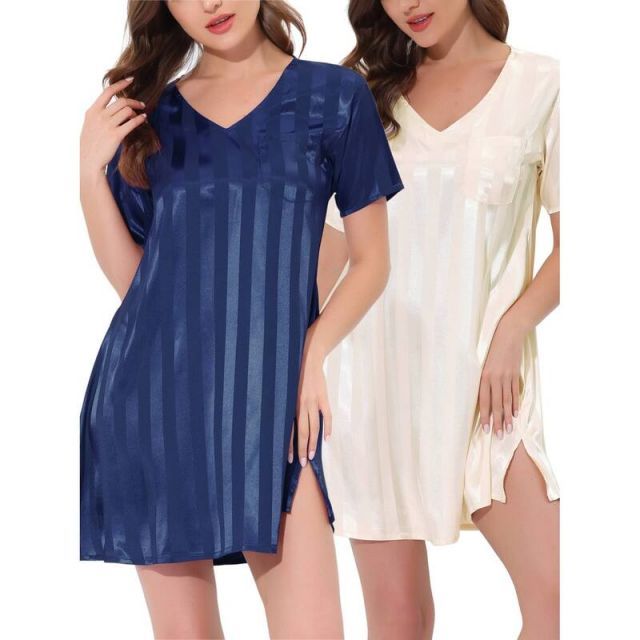 【送料無料】 cheibear レディース ナイトウェア アンダーウェア Women's Satin Striped Pajamas Dress Nightshirt Lounge Sleepwear Nightgown Blue Apricot